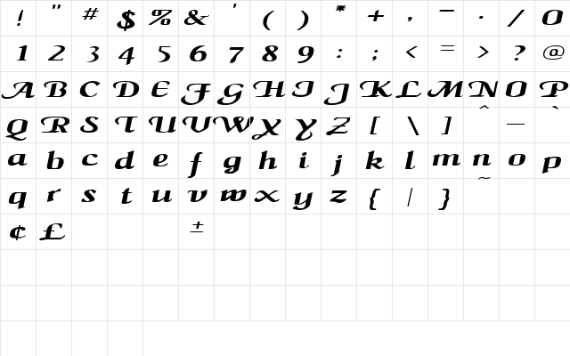 MaidenWordExtended Italic  glyph index