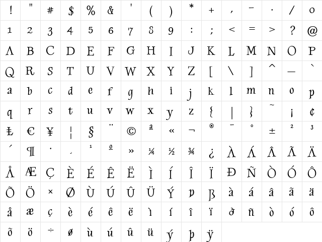 MoonbeamRegular Regular  glyph index