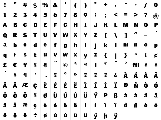 GriffithGothic Ultra Regular  glyph index