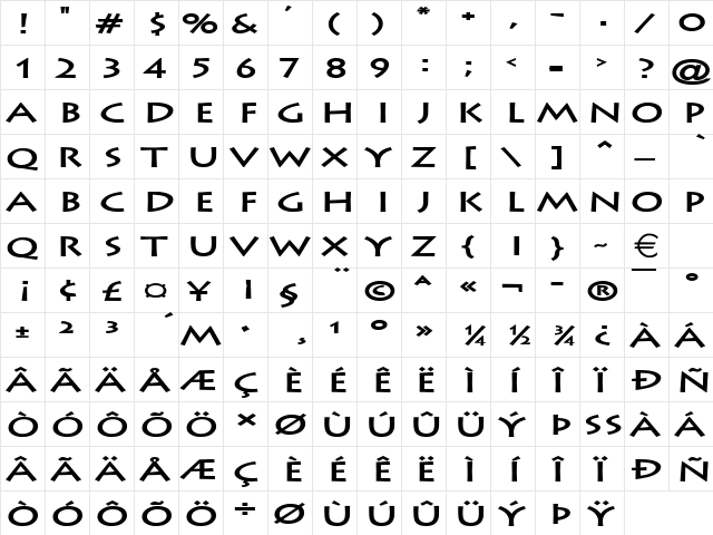 ListeExtended Bold  glyph index