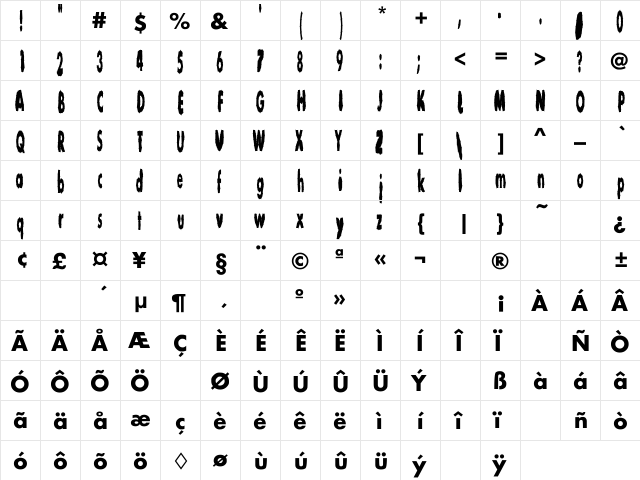Barb Wire Regular  glyph index