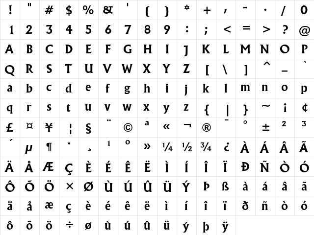 Flareserif 821 Bold  glyph index