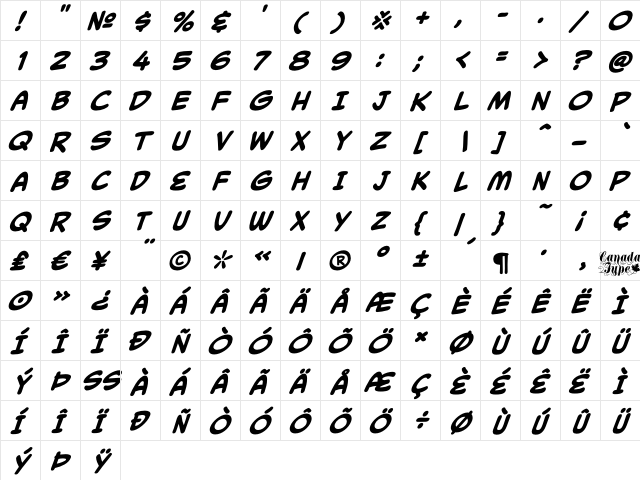 Collector Comic Bold Italic  glyph index
