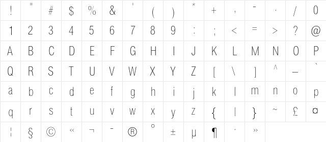 HeliosCondThinC Regular  glyph index