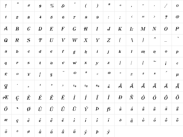 Koster Plain Oblique Regular  glyph index