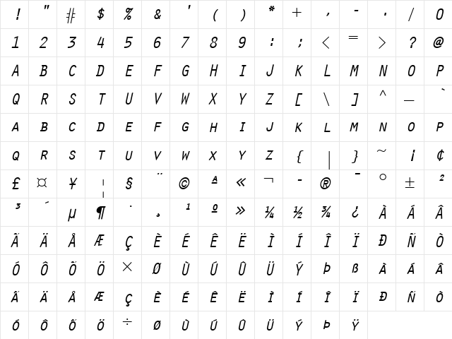 Orator LT Italic  glyph index