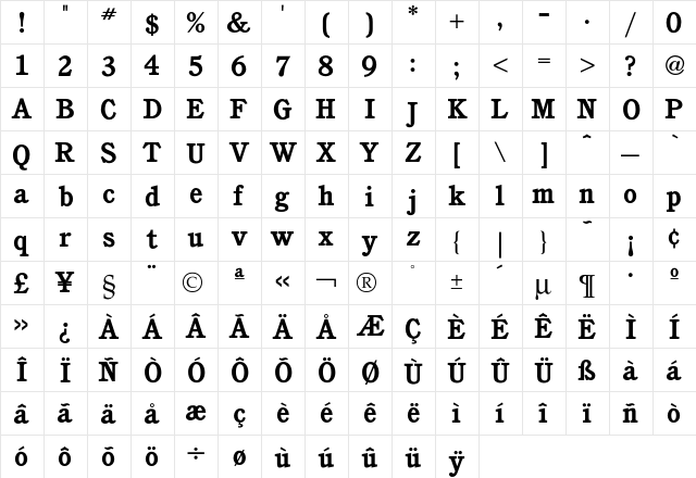 Cushing Bold  glyph index