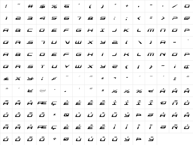 Alexis Halftone Italic Italic  glyph index