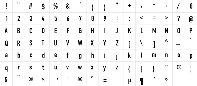 DINCondensedC Regular  glyph index