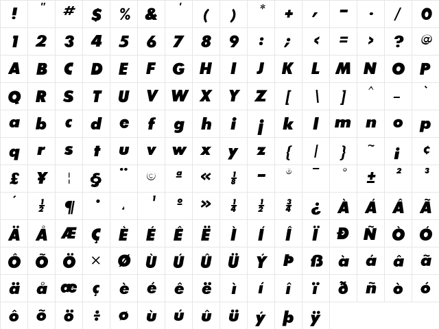 SansSerifExbFLF Regular  glyph index