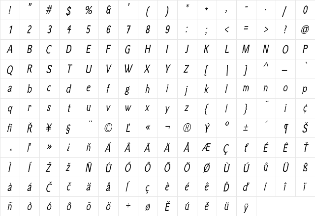 Clichee Oblique  glyph index