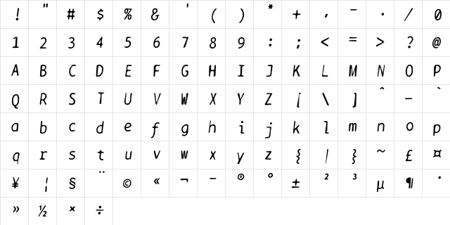 BPtypewriteDamaged Italic  glyph index