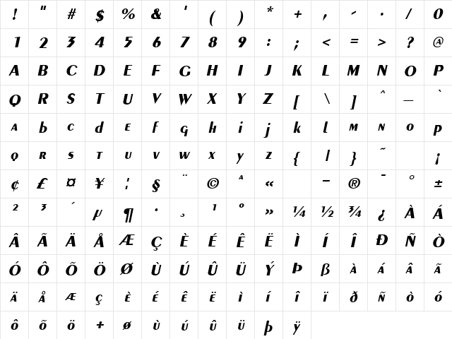 GE Penguin Bold Italic  glyph index