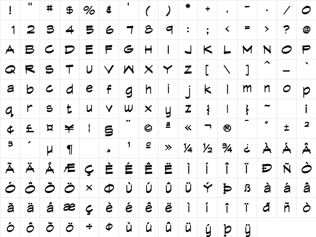 Heavy Hand2 Regular  glyph index