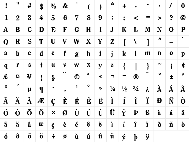 ITCClearface-Heavy Heavy  glyph index
