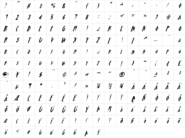 Schrill AOE Oblique  glyph index