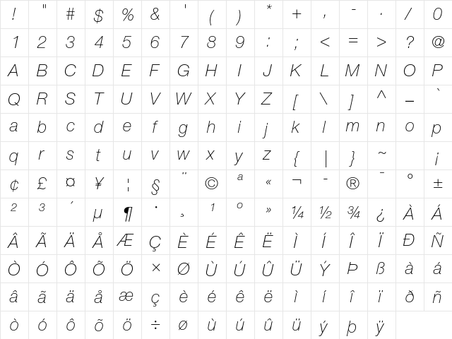 Helvetica Neue LT Std 36 Thin Italic  glyph index