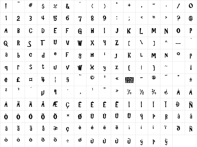 3HourTour Regular  glyph index