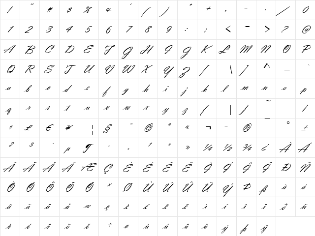 ViolinScript Regular  glyph index