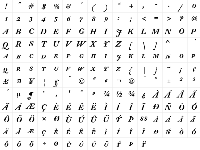 DTL Fleischmann T Medium Italic Caps  glyph index