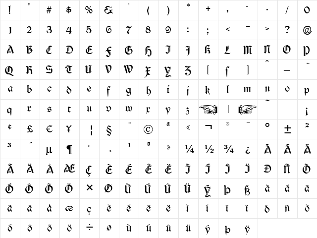 Durwent Regular  glyph index