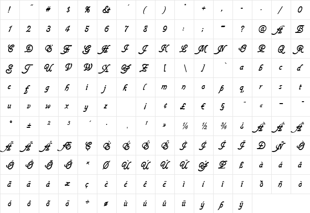 Script-G760 Regular  glyph index