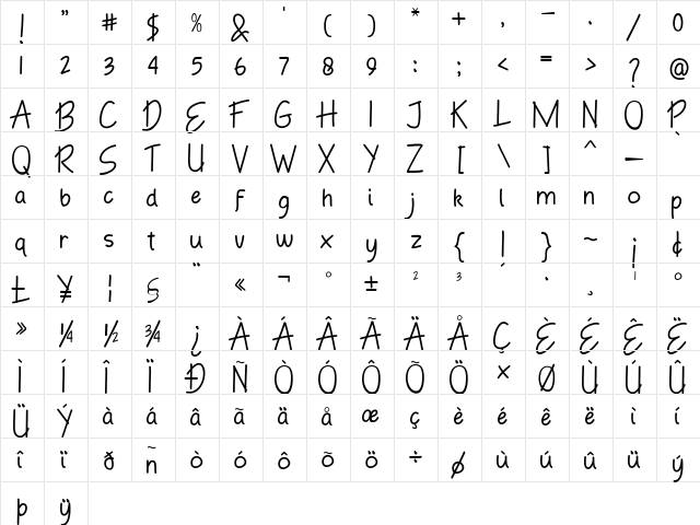 Hand Boys Regular  glyph index