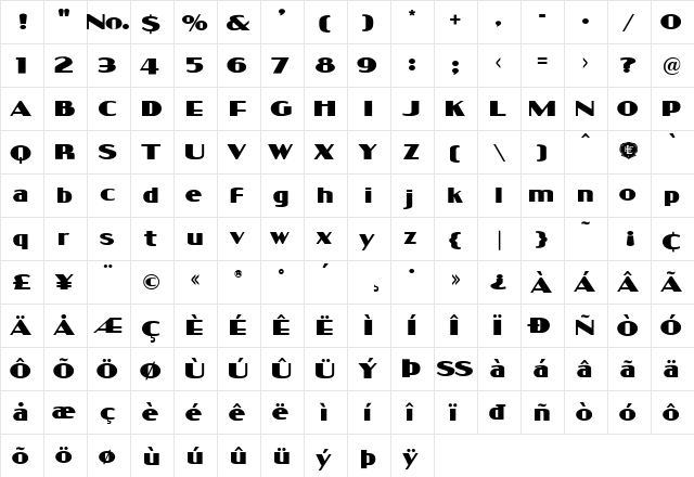 LHFBellBoy Regular  glyph index