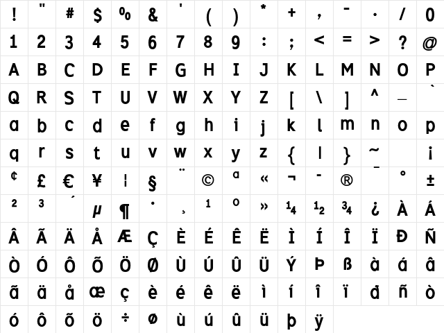 Excite Bold  glyph index