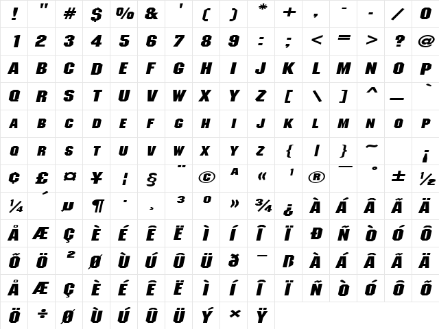 MetalEncasementExtended Italic  glyph index