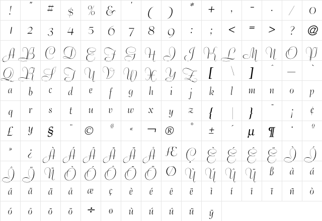 Bernhard TangoSwash  glyph index
