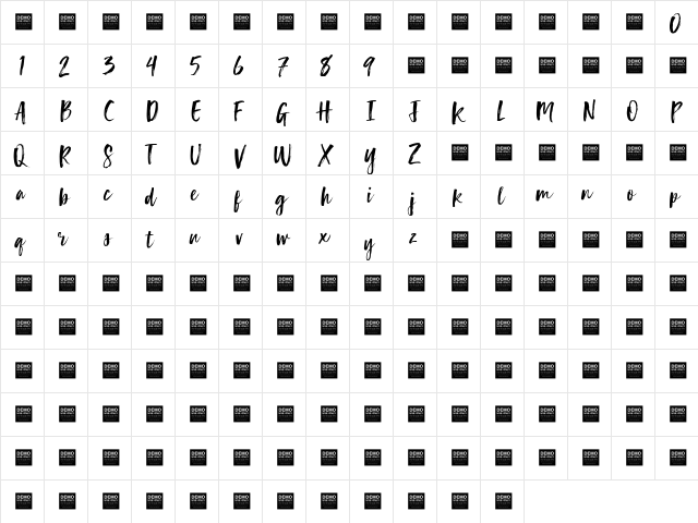 Lucky Turns - Demo Regular  glyph index