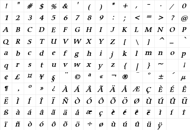 Carmine Bold Italic  glyph index