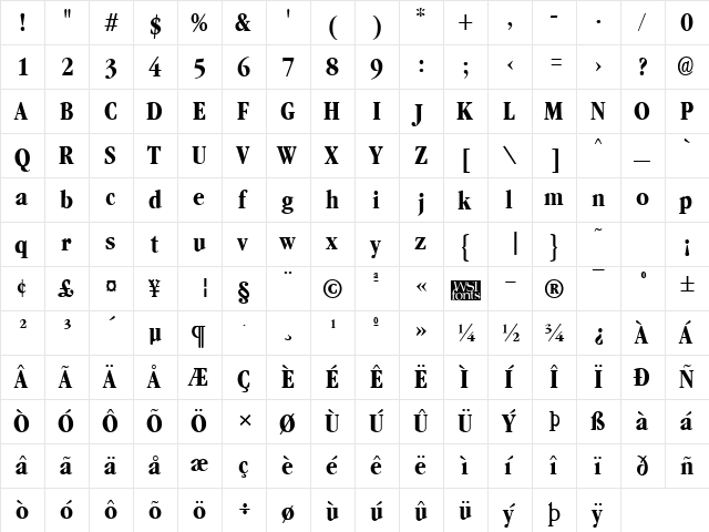 GarnetCondensed Bold  glyph index