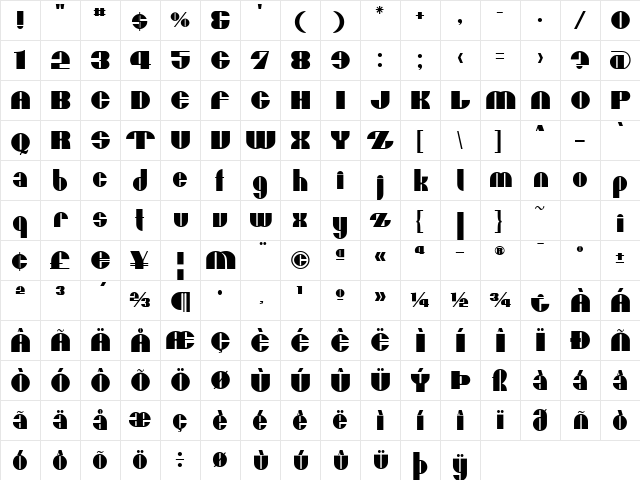 Moxie T  glyph index