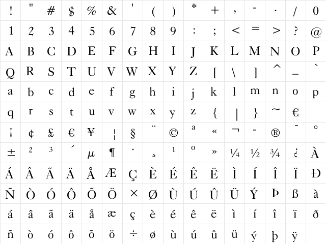 Caslon540 Regular  glyph index