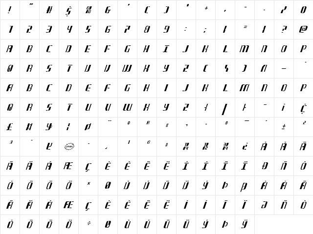 Jetway Condensed Italic Condensed Italic  glyph index
