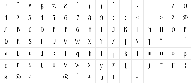 Ardeco Regular  glyph index