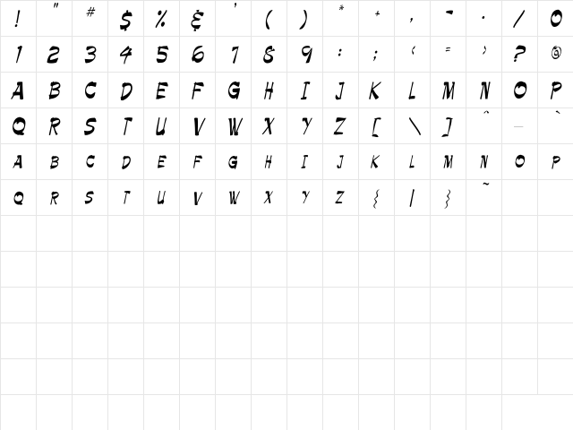 Paintbrush Cn Regular  glyph index