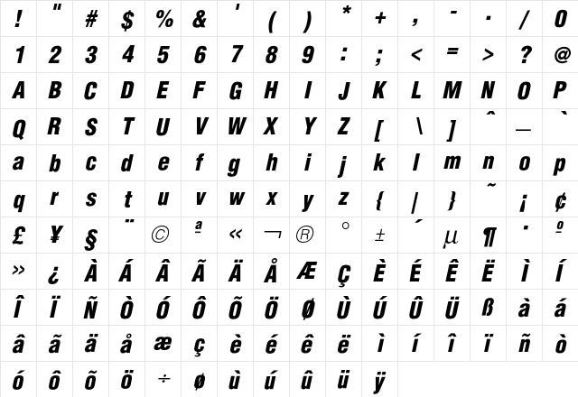 Hallmarke CondBlackOblique  glyph index