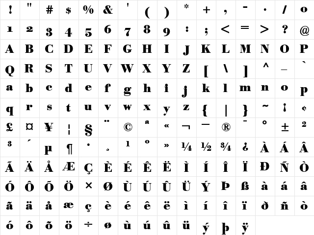 BodoniBEOldstyleFigures Bold  glyph index