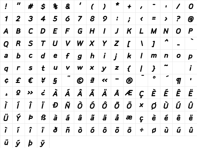 SylviaBold Italic Regular  glyph index