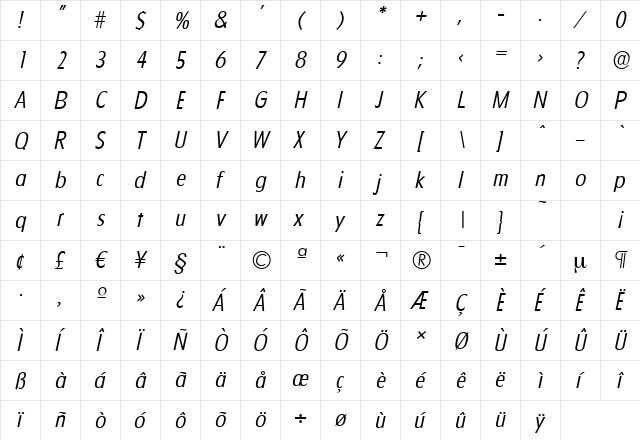 FloridaSerial-Light Italic  glyph index