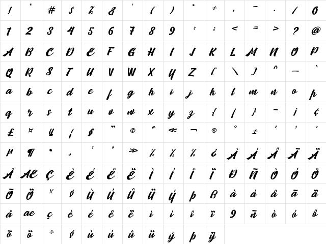 Camping Regular  glyph index