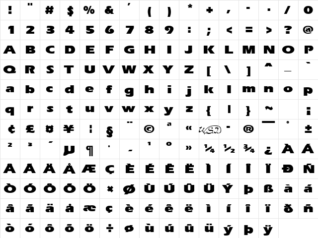 ErgoeBlackExpanded Regular  glyph index