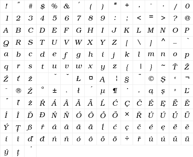 BookmanItcLEE Italic  glyph index