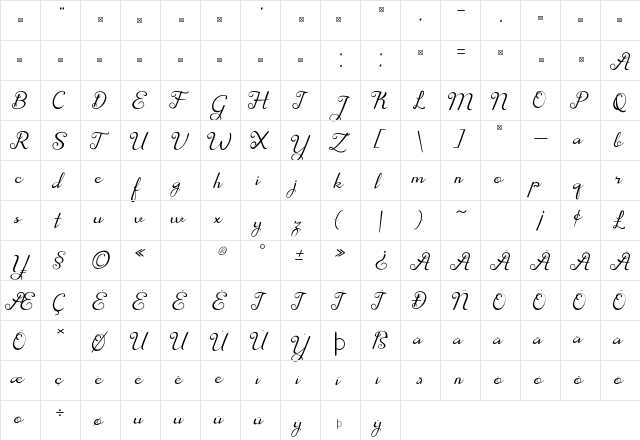 Velisya Regular  glyph index