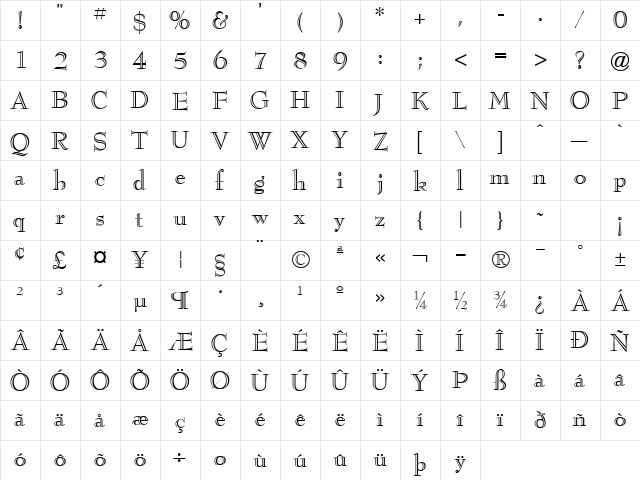 Bernhard Modern ICG Eng  glyph index