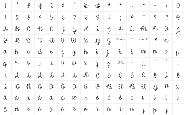 Unicorn Sparkles Regular  glyph index