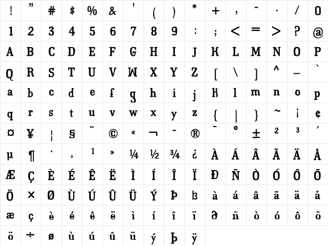 Calvino Heavy  glyph index